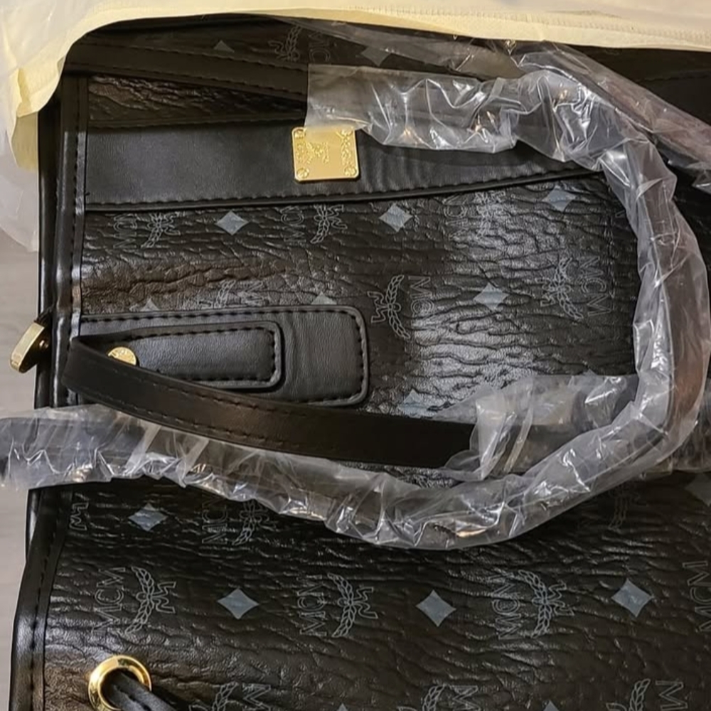 MCM Black and Gold Ostrich-Effect Shoulder Bag